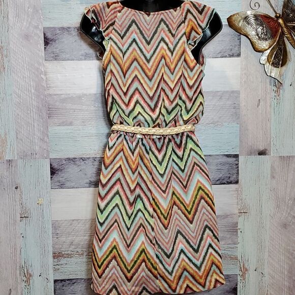 Teeze Me Sz 3 Multicolor Ombre Stripe Ruffle Sleeveless Summer Belted Dress 224 - Picture 7 of 9